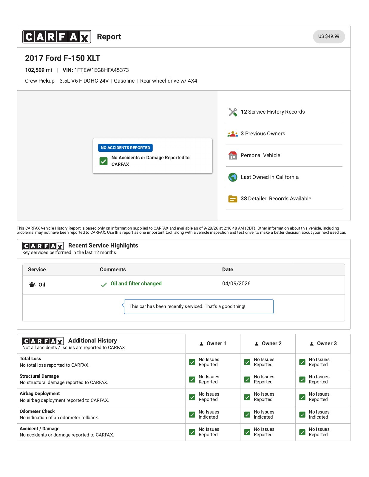 CARFAX report for 2017 Ford F-150 XLT, page 1 of 6
